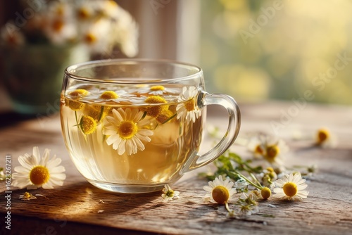 Clear glass cup filled with chamomile tea, delicate chamomile flowers floating on surface. Concept of natural calming remedies, cozy stress relief, and traditional herbal medicine.