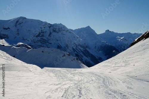 Panoramic winter landscape in the French Alps near a ski resort