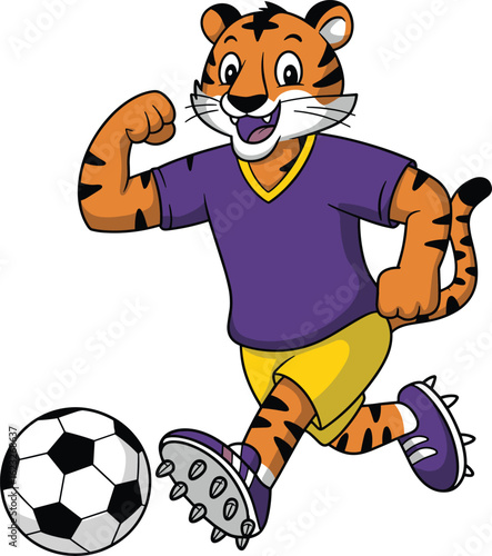 Cartoon tiger soccer player in purple jersey kicking football with confident expression, animated jungle mascot for sports or kids design