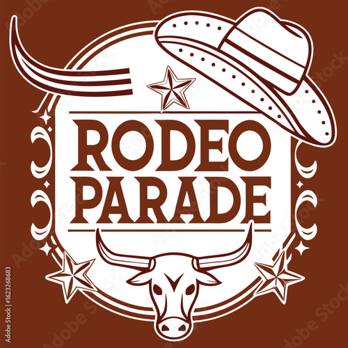 Rodeo parade emblem shows hat, bull head, ribbon, and stars on a brown background