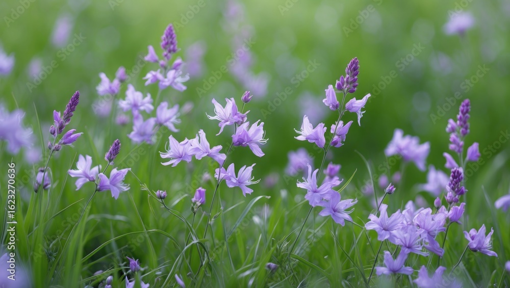 Naklejka premium Purple flowers in a green field with a soft focus background.