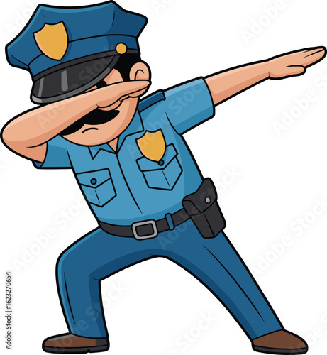 Funny cartoon police officer doing dab dance pose, humorous law enforcement character in uniform with mustache and sunglasses, comical vector illustration for kids and media