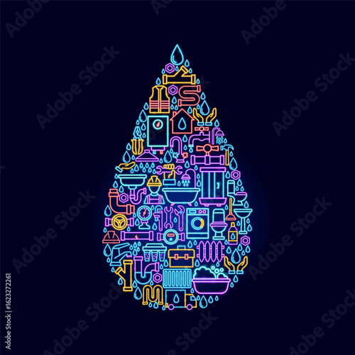 Plumbing Water Drop Neon Concept