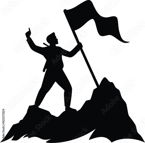 Vector illustration of man with flag on mountain summit