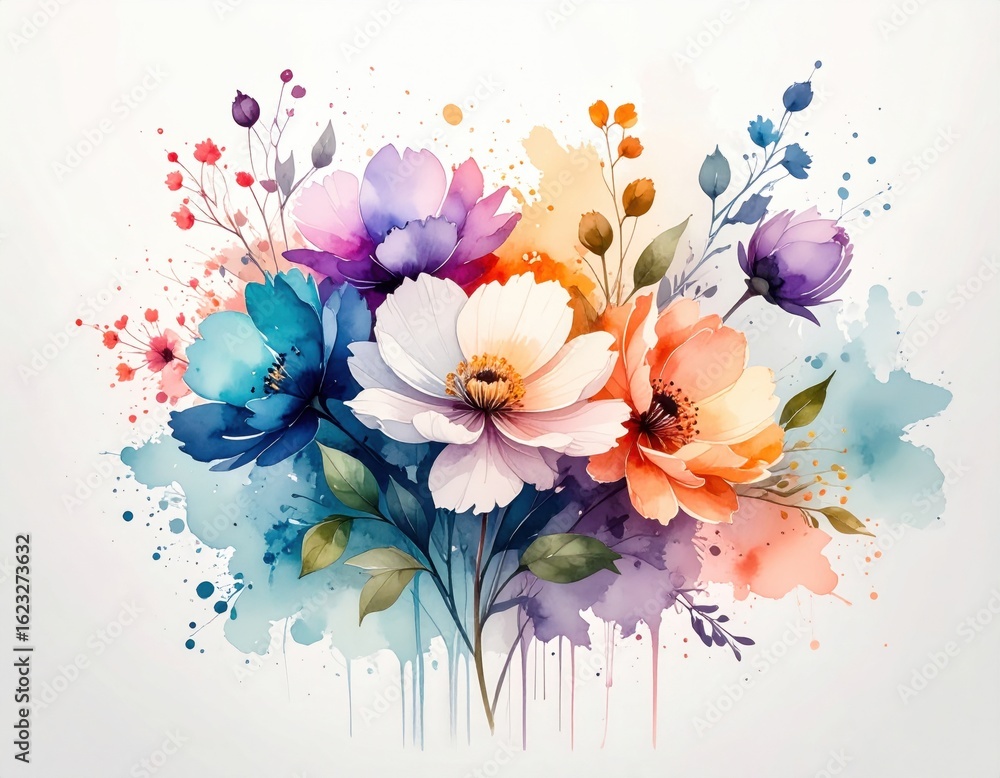 Obraz premium Watercolor Flowers with Stems, Leaves, and Splashes