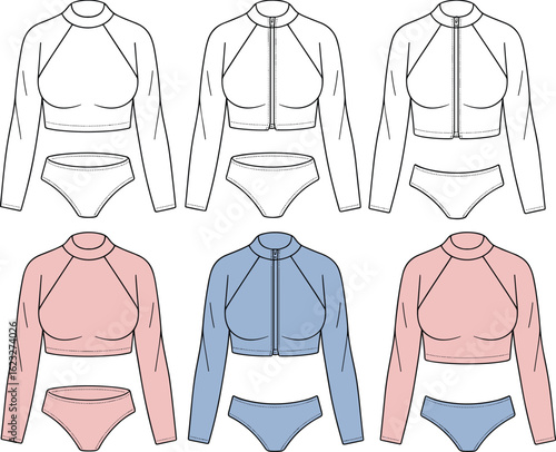 cad drawing flat vector illustration, rash guard bikini sketch, women’s cropped swim top, high-waist swimwear technical drawing, surf fashion vector design