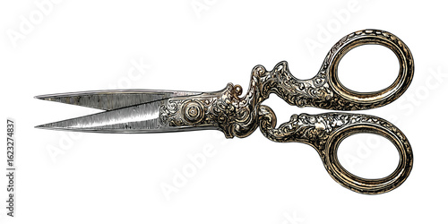 Ornate antique scissors with detailed engraving and golden hue engraved metal