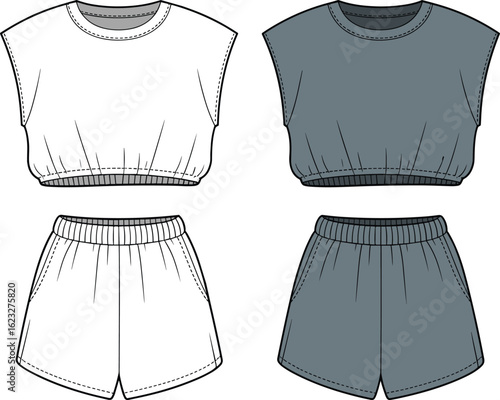 women’s sleeveless elastic crop top and shorts co-ord set – fashion flat sketch of relaxed fit loungewear for summer