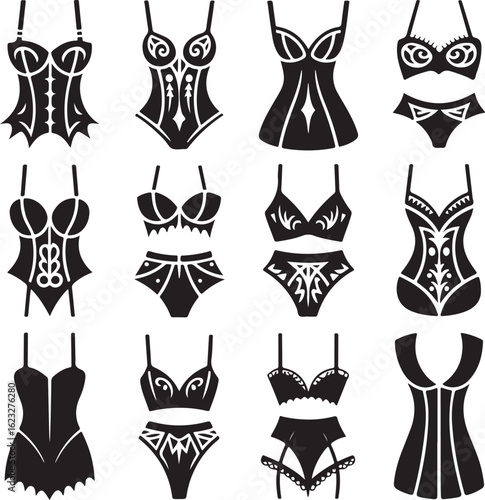 Lingerie, icon, set, corset, underwear, silhouette, vector, black, isolated, illustration, design, fashion, woman, vintage, burlesque