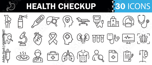 Health checkup icon set. Contains such icons as hospital, doctor, nurse, stethoscope, instruments, research, organs, tests, viruses, lung, liver, brain, eye, hearing, kidneys and more