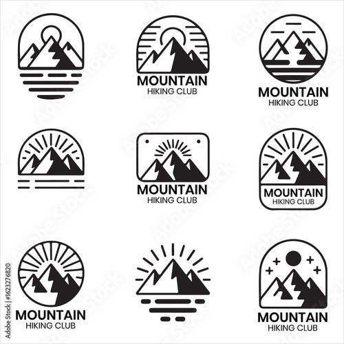 Collection of nine black and white mountain hiking club logos with sun and landscape elements mountains
