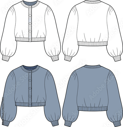 cropped cardigan technical fashion flat – front and back view of button-up women’s sweater with balloon sleeves and ribbed hem cuffs