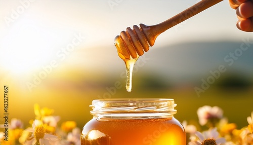honey dripping from wooden spoon into jar on a sunny background