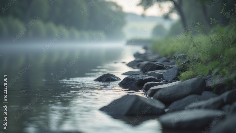 Fototapeta premium River landscape with rocks along the bank and trees in the background.