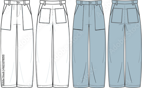 cargo pants technical fashion sketch – front and back views of women's utility trousers with patch pockets and waistband details