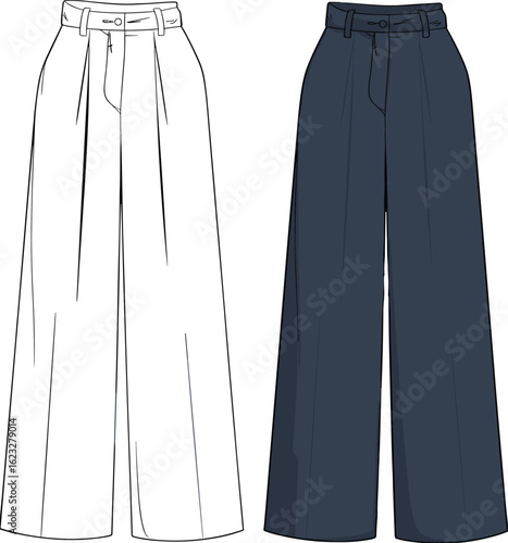 women’s high-waist pleated wide-leg trousers flat sketch – elegant fashion pants design with front pleats and belt loops