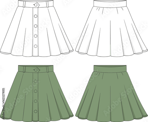 women’s flared high-waist skirt flat sketch – front button design with waistband and pleats, trendy A-line silhouette template