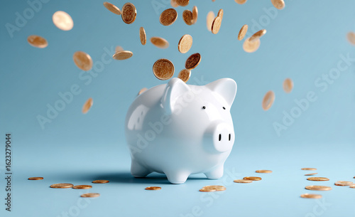 White Piggy Bank with Falling Coins on Light Blue Background in Minimalist Style

