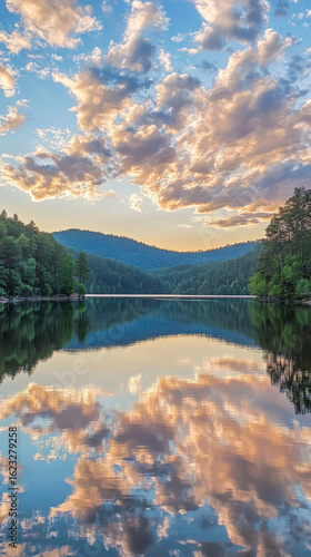 Golden hour clouds reflect beautifully on tranquil mountain lake. Serene natural landscape bathed in warm light.