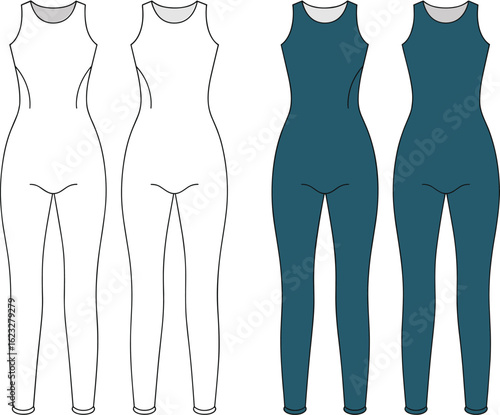 women’s sleeveless jumpsuit cad drawing flat vector illustration, fitted one-piece bodycon garment technical fashion sketch with full length legs front and back
