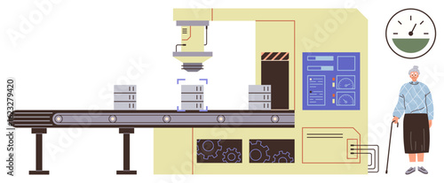 Factory assembly line processing containers with automated machinery, quality gauge, and elderly woman observing. Ideal for industry, automation, technology, aging, efficiency, quality process