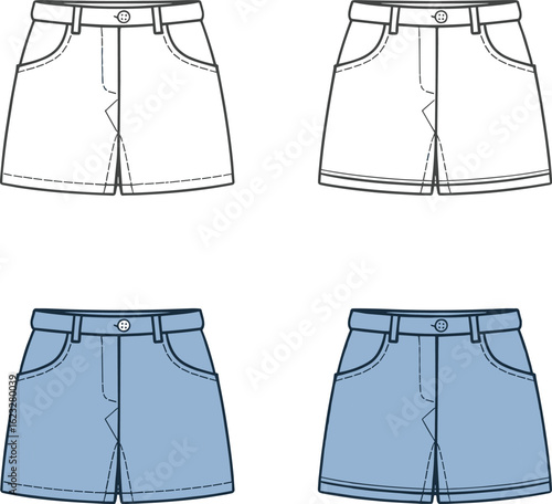 women’s denim shorts cad drawing flat vector illustration, front and back technical fashion sketch of high waist short pants with pockets and stitching
