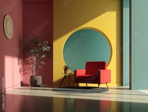 Modern living room with red armchair and circular wall feature bathed in sunlight