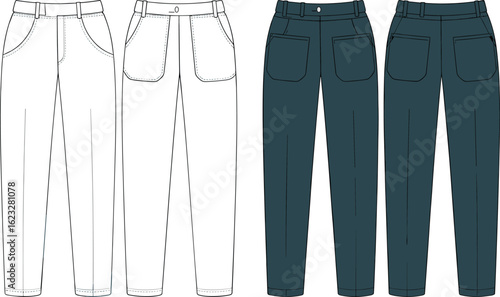 women’s tapered pants cad drawing flat vector illustration, front and back view, denim jeans template, fashion sketch, technical clothing flat