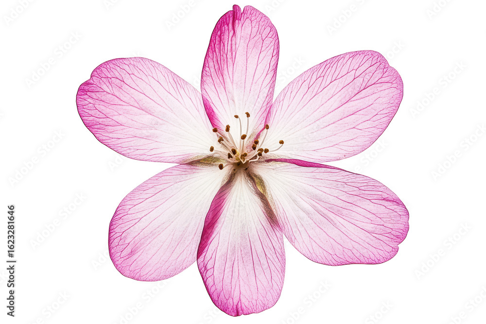 Fototapeta premium Delicate pink blossom with five petals detailed texture and stamens isolated on transparent background