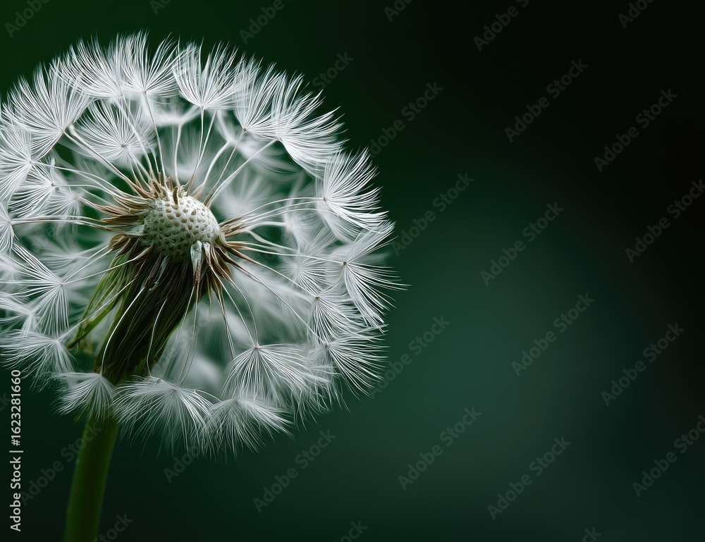 Fototapeta premium Close-up of a dandelion seed head against a dark green backdrop. Soft focus on the delicate, white seeds, radiating outward from a central brown core. 