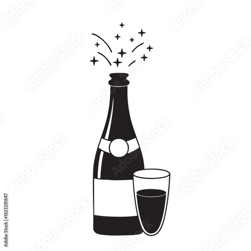 Black and white illustration of a champagne bottle with a glass and sparkling bubbles drink beverage
