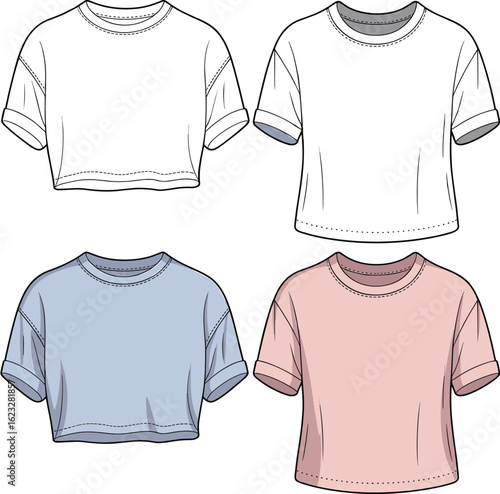 women’s cropped t-shirt fashion flat – rolled sleeve vector template front view, colored casual crop top CAD for summer wear