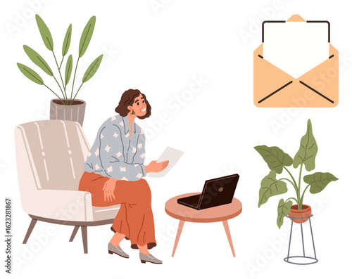 Woman sits on a sofa holding a letter with an open laptop on a nearby table. Envelope icon signifies communication. Ideal for remote work, email, reading, home comfort, productivity, lifestyle