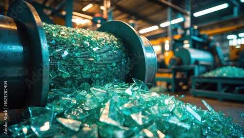 Processed glass shards from a manufacturing or recycling process in an industrial setting.