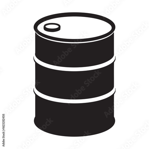 Black and white illustration of a metal barrel with white bands oil barrel industrial barrel