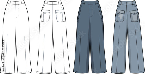 cad drawing flat vector illustration of women’s wide-leg pants with front and back views, denim jeans fashion technical sketch for design templates