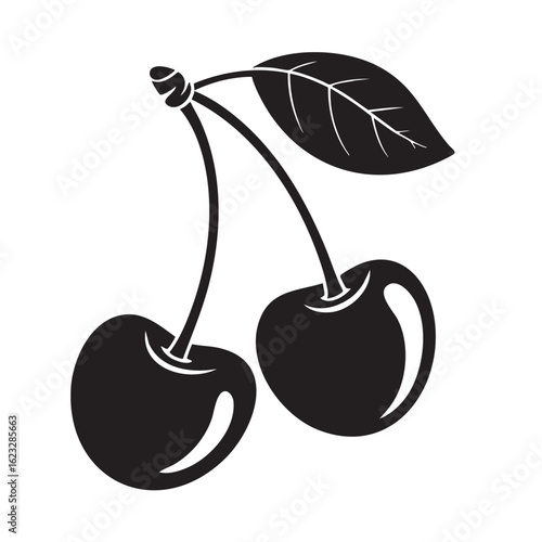 Black and white illustration of two cherries on a stem with a leaf cherry fruit