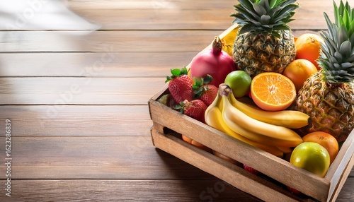 fresh fruit crate with tropical selection on wooden surface generative ai