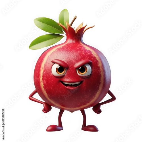 An angry pomegranate character with leaves  isolated on transparent background