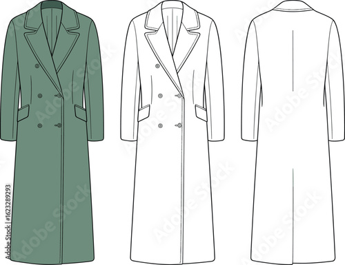 Double-breasted long coat illustration, green fashion garment, front and back views, lapels, vent detail, buttoned closure, clothing template, sketch vector