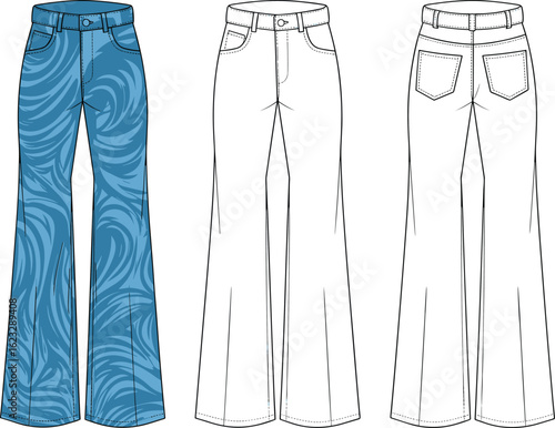Flared pants front and back view illustration, swirl pattern, high waist, button closure, fashion sketch, garment template, clothing design