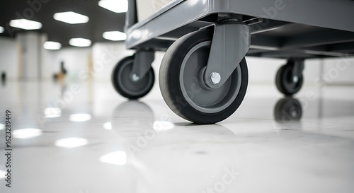 Close-up of industrial cart caster wheels on a clean, reflective white floor of a commercial building, representing logistics and transport.
