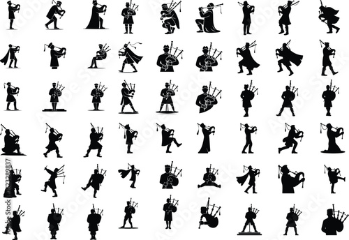 Obraz na płótnie Man Playing Bagpipe Silhouette Set – Scottish Folk Icon Design Traditional Bagpi