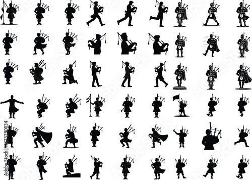 Man Playing Bagpipe Silhouette Set – Scottish Folk Icon Design Traditional Bagpiper Silhouettes – Musician Icon Pack in Black Style