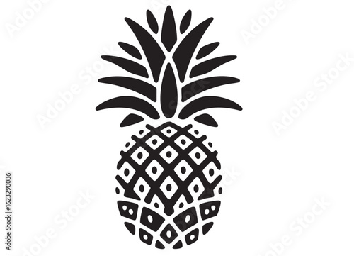 Black and white minimalist pineapple illustration with diamond pattern fruit tropical