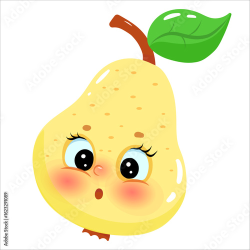 Cute cartoon pear with expressive face and leaf on white background