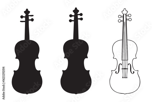 Black and white outline and silhouette of a cello or double bass contrabass string instrument