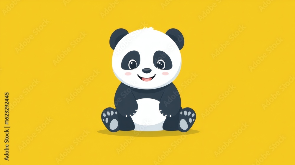 Fototapeta premium Cute cartoon panda sitting on a yellow background.