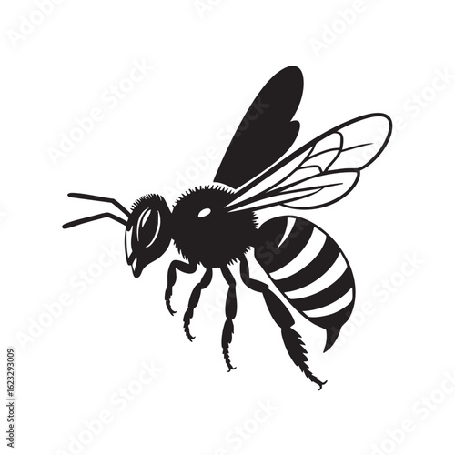 Black and white silhouette illustration of a bee in flight insect flying