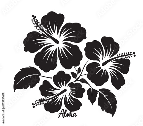 Black and white silhouette of three hibiscus flowers with leaves and the word Aloha floral tropical